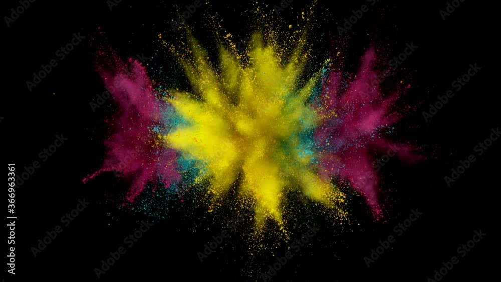 Super slow motion of coloured powder explosion isolated on black background. Filmed on high speed cinema camera, 1000fps.