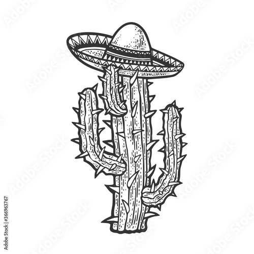 sombrero mexican hat on cactus plant sketch engraving vector illustration. T-shirt apparel print design. Scratch board imitation. Black and white hand drawn image.