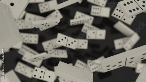 3D animation of a set of white dominoes that fall in slow motion on a black mirror surface. At the end of the animation, the camera focus is adjusted.
