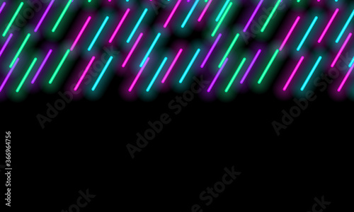 Bright neon glow sticks lines, vertical tilted, against a black background, similar to cosmic rain. Geometric abstraction. Copy space. Vector illustration.