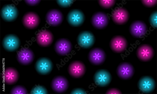 Neon flowers scattered randomly, glowing elements on a dark background. Vector illustration.