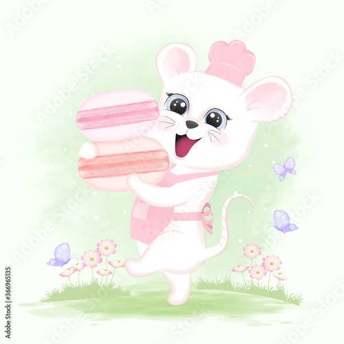 Baby Mouse with Macarons and cosmos flowers hand drawn cartoon animal watercolor illustration