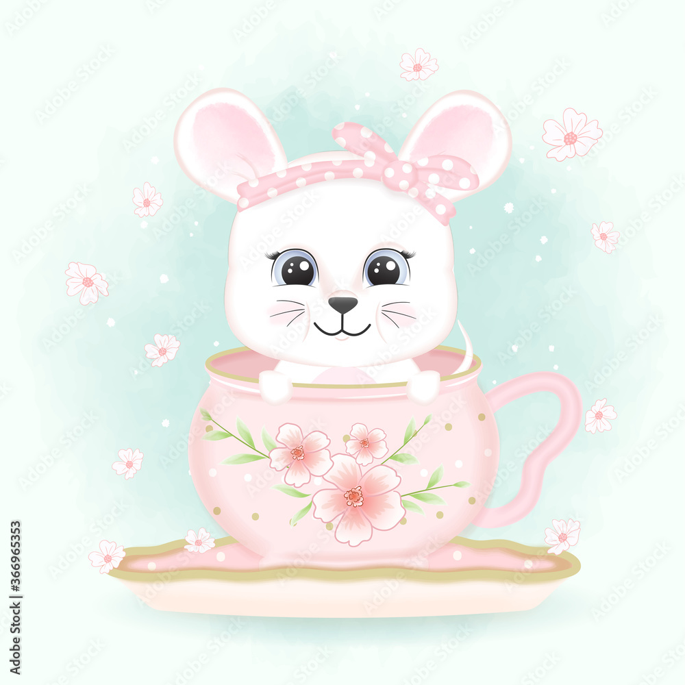 Baby Mouse in coffee cup and butterflies hand drawn cartoon animal illustration Baby Mouse in coffee cup and butterflies hand drawn cartoon animal illustration