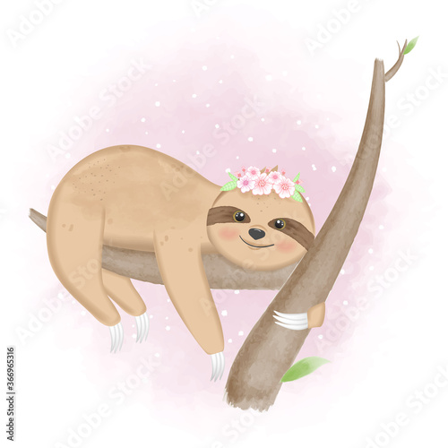 Cute sloth on the tree hand drawn cartoon animal watercolor illustration