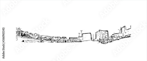 Building view with landmark of Abha is the capital city of Aseer Province near the Red Sea in southwest Saudi Arabia. Hand drawn sketch illustration in vector.