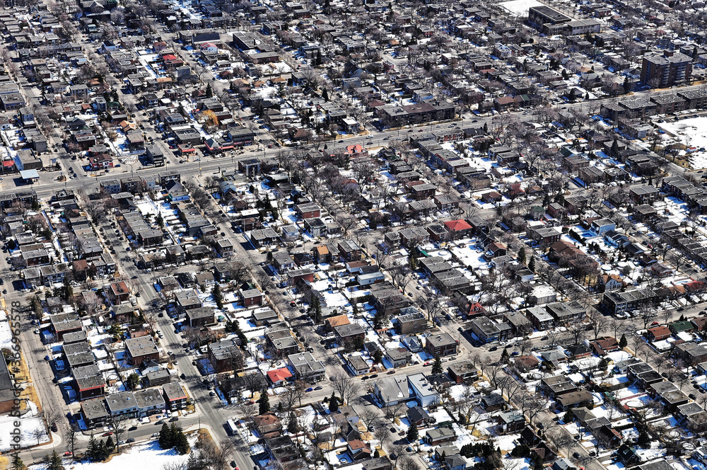 Aerial view of a residential area of Montreal in winter