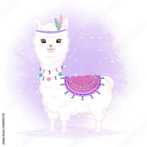 Cute tribal baby Llama hand drawn animal illustration
