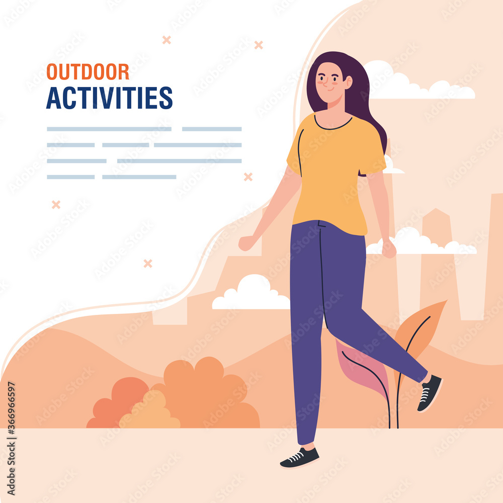 banner, woman performing leisure outdoor activities, woman walking vector illustration design