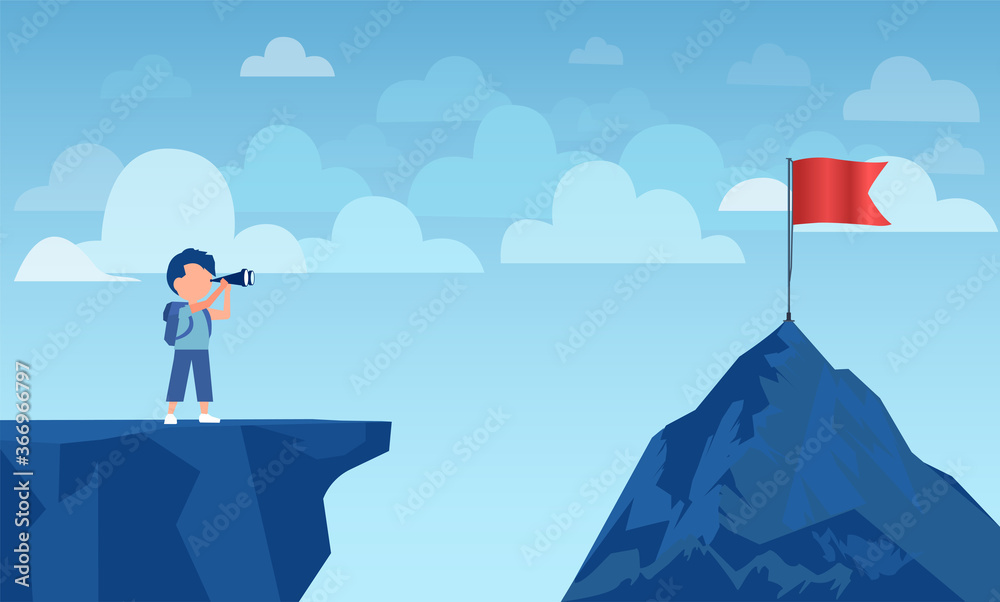 Vector of a boy on a cliff edge looking through binoculars to a red flag on a mountain peak Vector of a boy on a cliff edge looking through binoculars to a red flag on a mountain peak