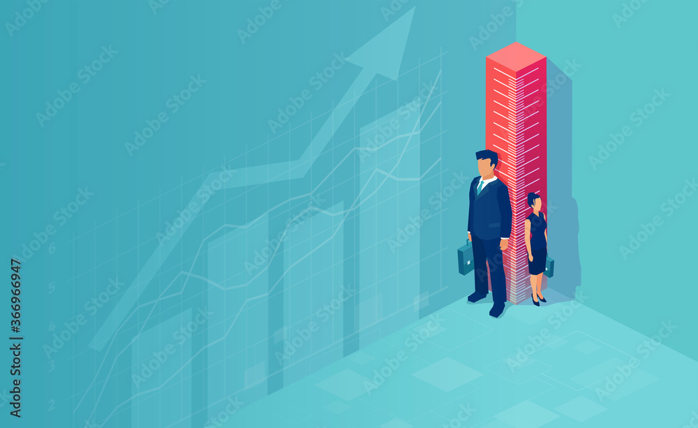 Vector of a business man and businesswoman standing sideways of the ruler