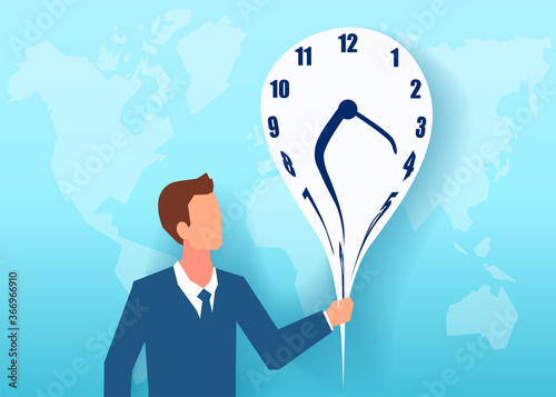 Vector of a business man holding a melting clock on a world map background