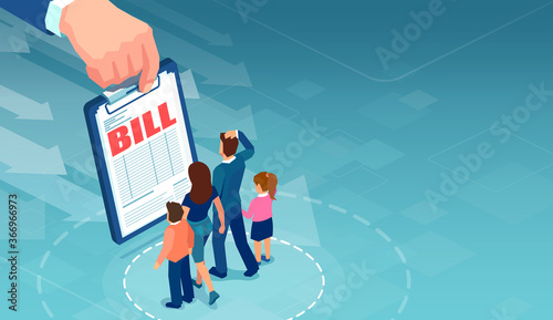 Vector of a stressed young family feeling frustrated by mortgage and financial bills.
