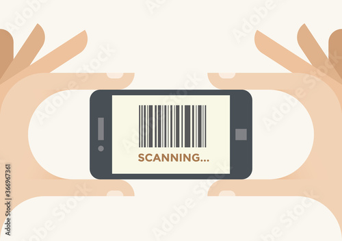 Mobile smartphone scanning barcode in holding human hands. Concepts: Online shopping, product information, retail, shops, markets, consumerism, store food price control