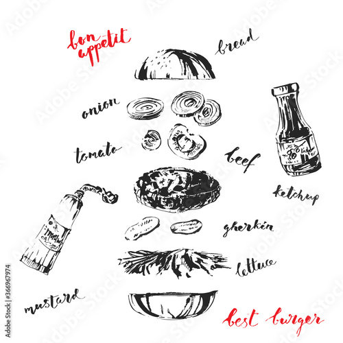 Hand drawn black ink fast food illustration.