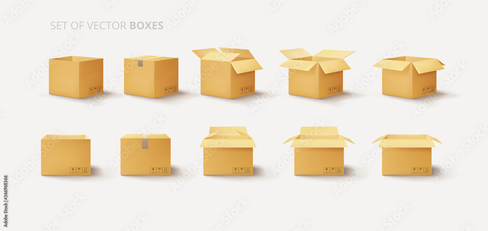 Set of isolated open and closed boxes on a white background, unpacking, vector illustration.