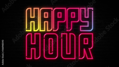happy hour neon sign on black brick wall, loop animation