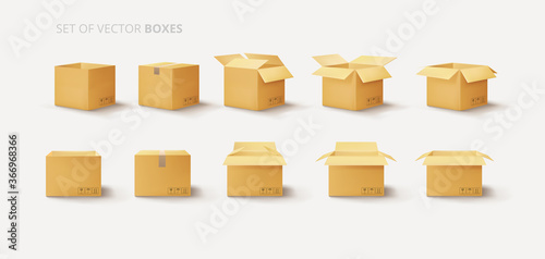 Set of isolated open and closed boxes on a white background, unpacking, vector illustration.