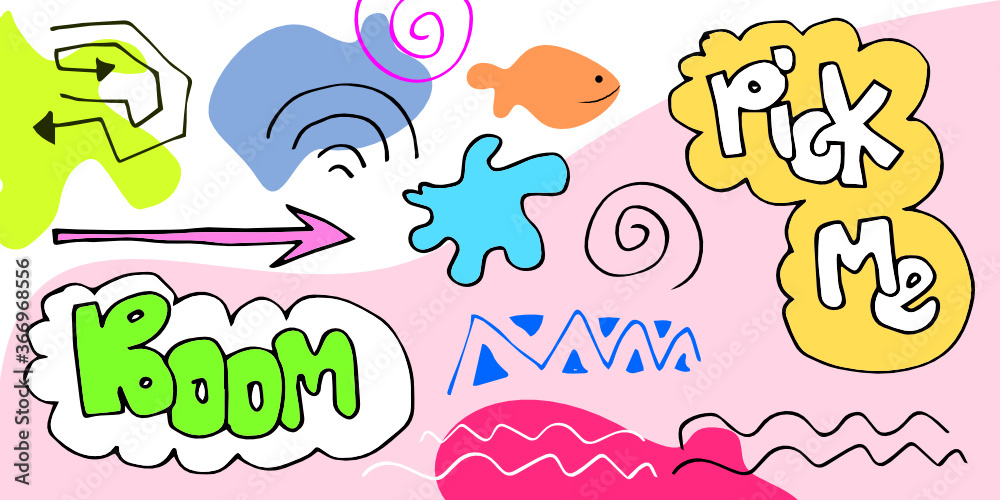 Set of hand drawn various shapes and doodle objects. Abstract contemporary modern trendy vector illustration. All elements are isolated. Set of hand drawn various shapes and doodle objects. Abstract contemporary modern trendy vector illustration. All elements are isolated.