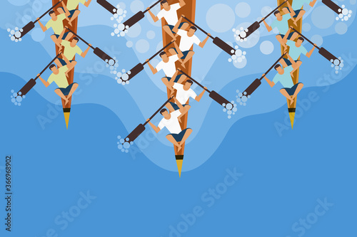 Top view of oarsmen rowing snake boat. Concept  for boat racing in Kerala, India.