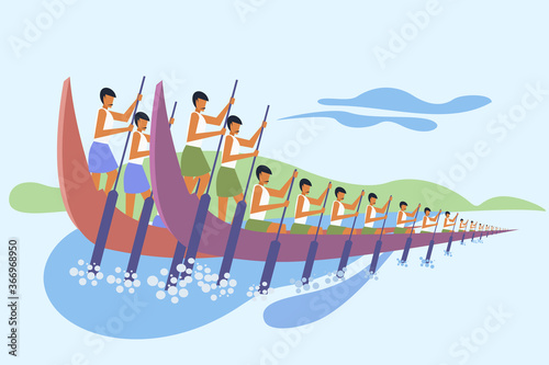 A teams participating in the boat racing. Concept for boat racing in the backwaters of Kerala