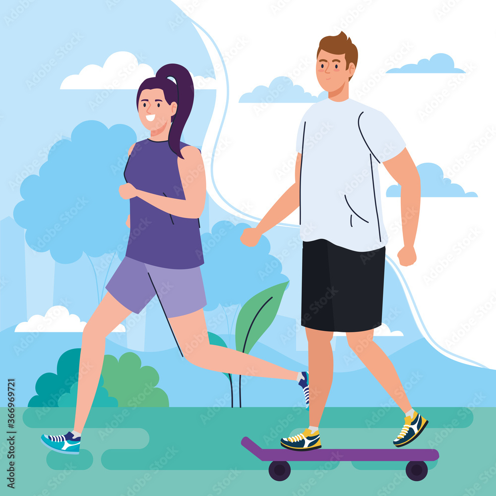 couple performing leisure outdoor activities, woman running and man in skateboard vector illustration design couple performing leisure outdoor activities, woman running and man in skateboard vector illustration design