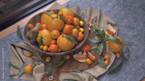 Fototapeta Naklejka Na Ścianę i Meble -  3D rendering of a bowl with oranges lit by natural light