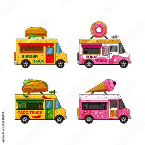 A set of food trucks on a white isolated background. Burger, ice cream, doughnut, taco. Vector.