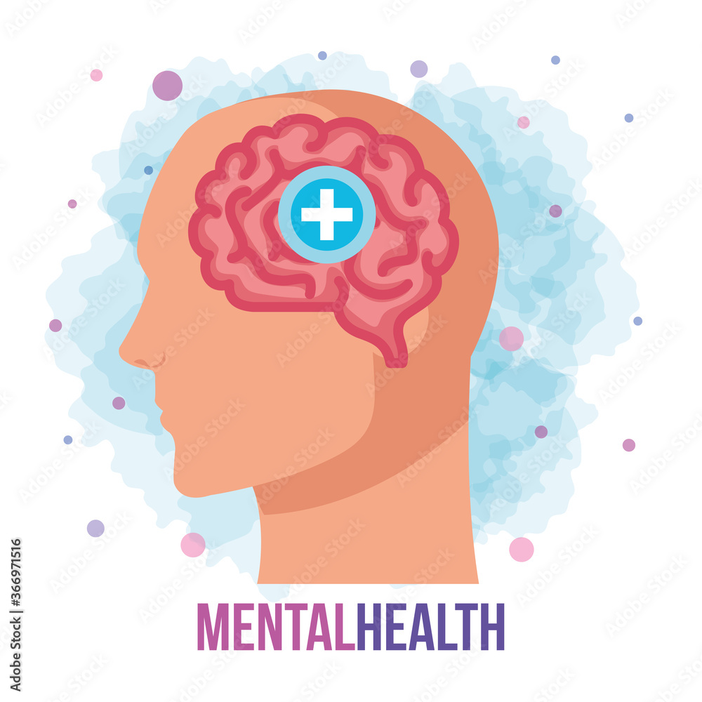 mental health concept, profile head with brain, positive mind vector illustration design