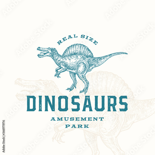 Real Size Dinosaurs Amusement Park Abstract Sign, Symbol or Logo Template. Hand Drawn Spinosaurus Reptile with Premium Typography and Background. Stylish Vector Emblem Concept.