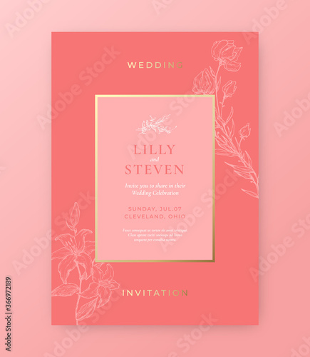 Wedding Invitation Template. Abstract Vector Greeting Card, Poster or Holiday Background. Classy Pink and Gold Colors and Typography. Sketch Flowers and Leaves Illustrations.