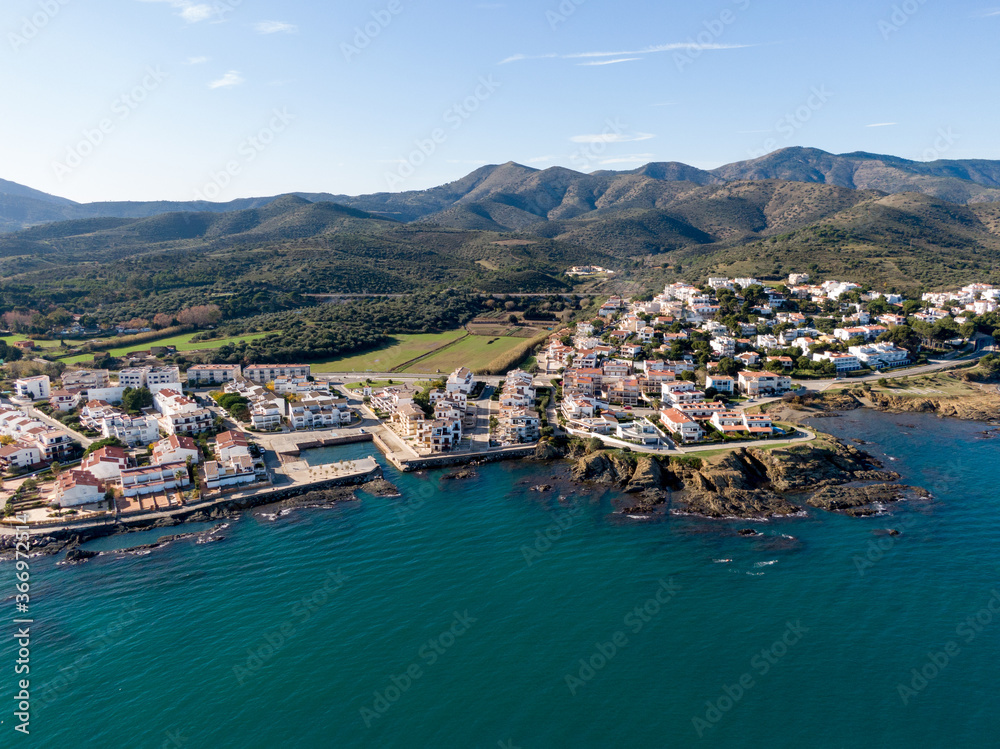 Aerial view of the town of Llançà in Cap de Creus, Costa Brava, Catalonia, Spain