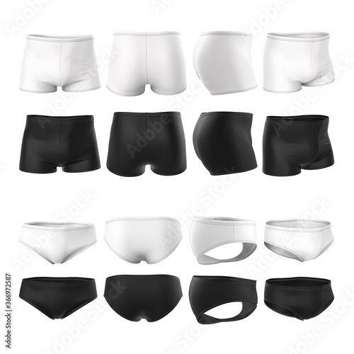 Set of different types of men's underwear, swimming trunks. 3d illustration of black and white color. Mock up, blank template for design presentation. Front, back, side view.
