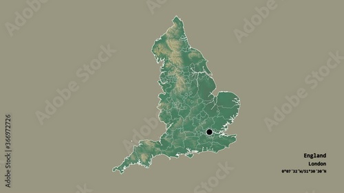 North Yorkshire, administrative county of England, with its capital, localized, outlined and zoomed with informative overlays on a relief map in the Stereographic projection. Animation 3D photo