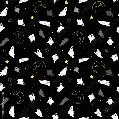 Ghost seamless pattern for Halloween. With stylish hand drawn cartoon characters and elements. Doodle style vector pattern with ghost. 