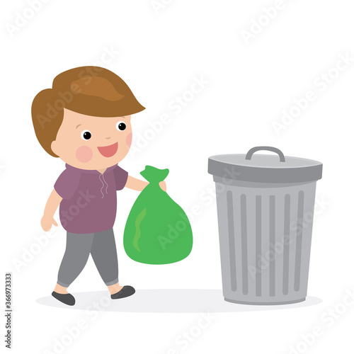 Trash can and caucasian boy throw out the garbage. Cartoon preschooler holding garbage bags.