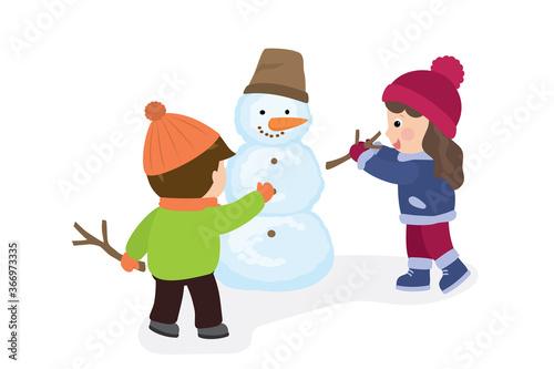 Cartoon happy children make a snowman. Cute caucasian kids build a sculpture of snow together.