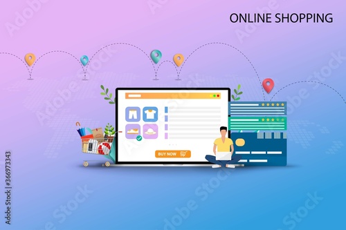 Concept of online shopping, young man is sitting in front of credit card and laptop that display contain list of products, customer rating and reviews to order a new shoe in pastel color background.