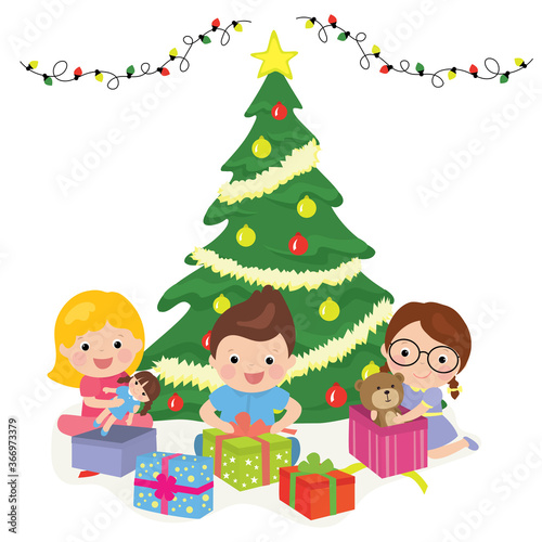 Christmas tree with presents. Cartoon happy children unpack gifts.
