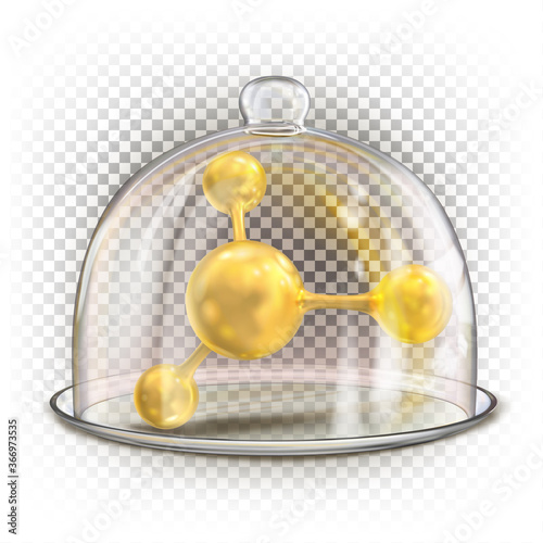 Molecule on a glass dish under the lid. The concept of molecular gastronomy, harmful products with GMOs. Vector 3d illustration isolated on white transparent background.