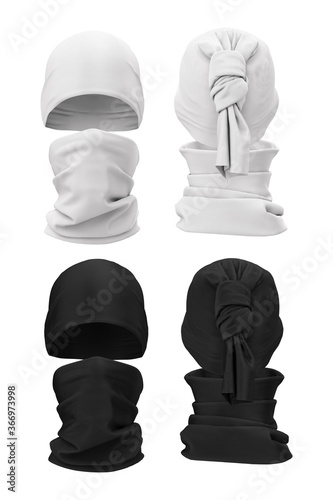 How to wear a buff. On the head and on the face. Front and back view. 3d realistic render of clothing templates, mock up in black and white color. Sports headdress.