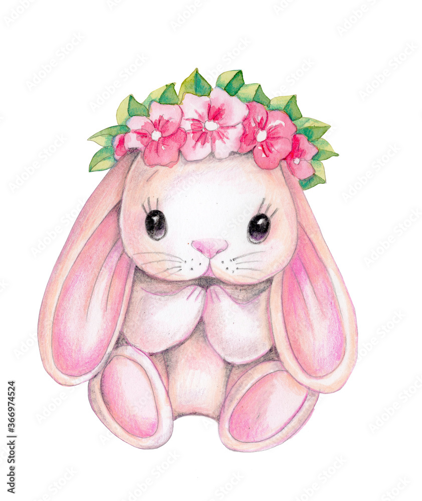 Plakat Watercolor hand drawn illustration of cute cartoon bunny rabbit hare with flower garland on head