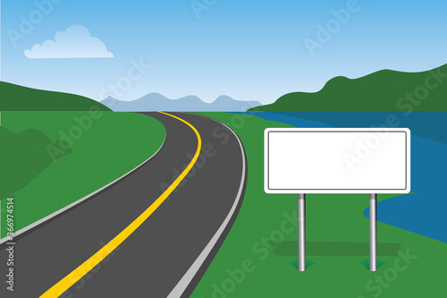 left curve, narrow road, road sign, billboard, vector illustration