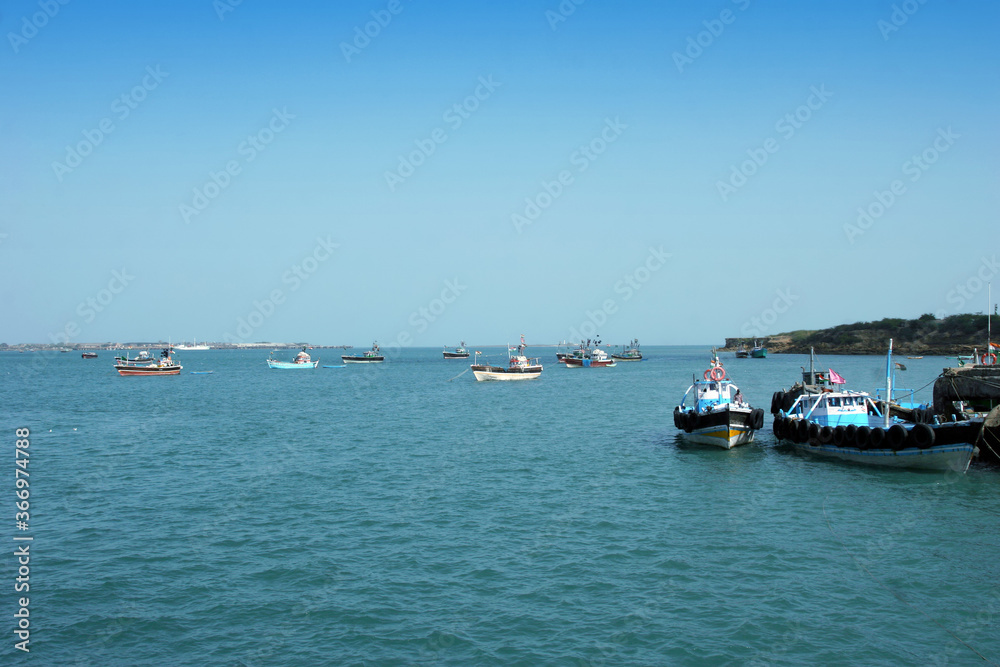 Ferry with passengers between Okha to Bet Dwarka, Gujarat, India