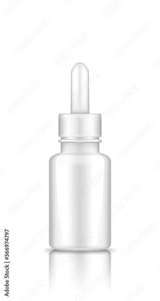 White plastic dropper container with lid mockup. Blank medicine or cosmetic package for eye or nose drops, oil, and serum. Product template. Isolated 3d vector illustration White plastic dropper container with lid mockup. Blank medicine or cosmetic package for eye or nose drops, oil, and serum. Product template. Isolated 3d vector illustration