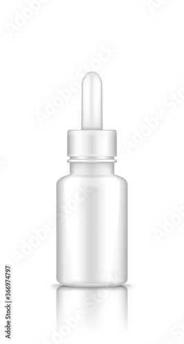 White plastic dropper container with lid mockup. Blank medicine or cosmetic package for eye or nose drops, oil, and serum. Product template. Isolated 3d vector illustration