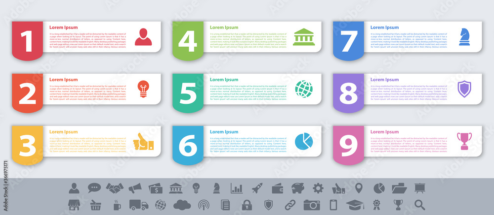 Infographic design business concept vector illustration with 9 steps or options or processes represent work flow or diagram or web button banner