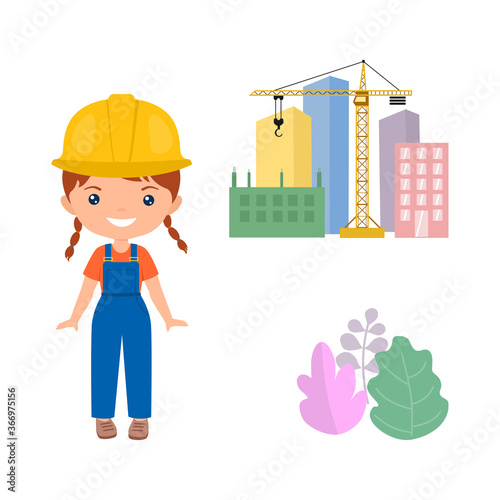 Cute character chibi girl in workwear. Professions for kids. Flat cartoon style