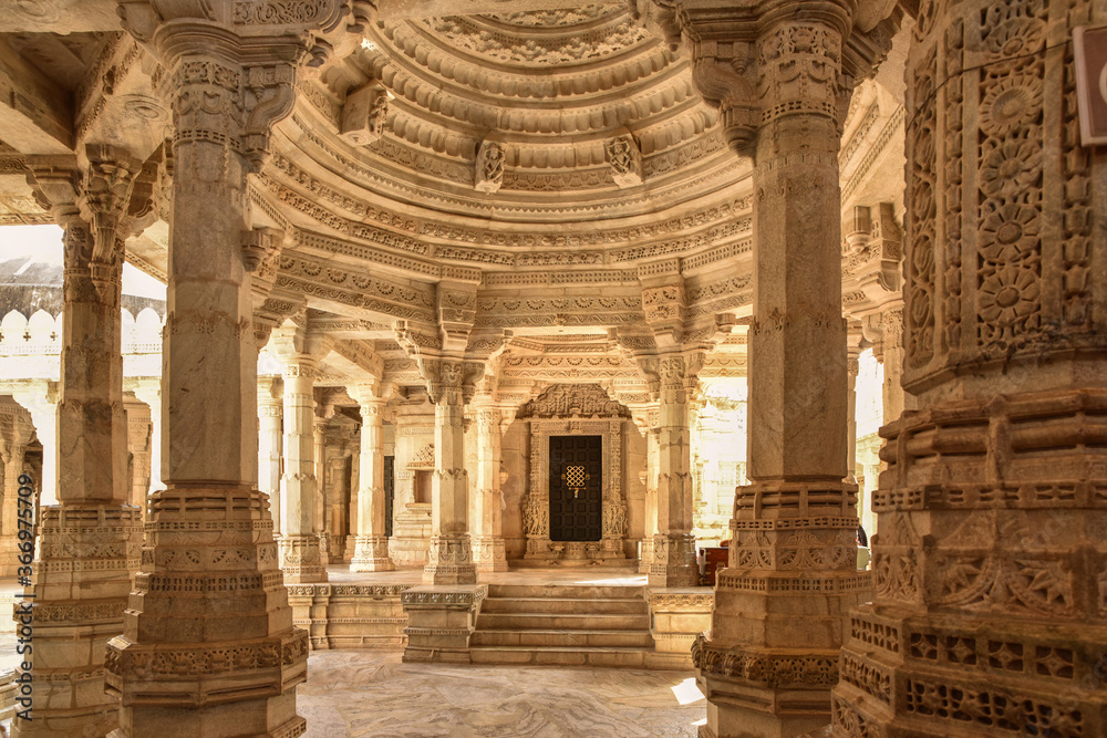 Interior view of famous Jain temple (Adinatha temple) in Ranakpur, Rajasthan, India.