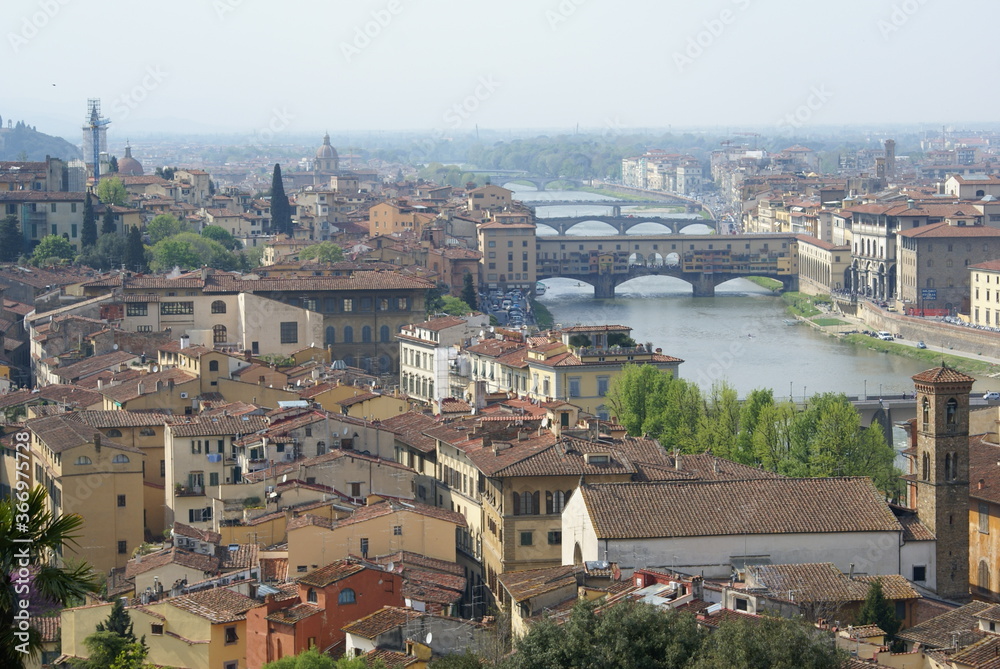 Florence, Italy: aerial view of the city centre, the river and Ponte Vecchio bridge