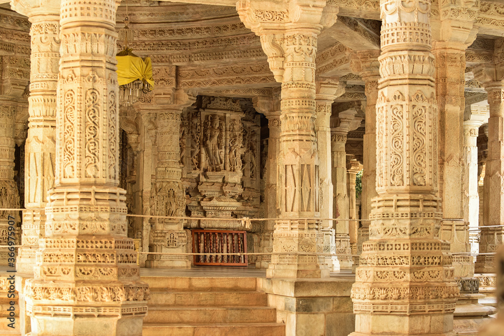 Interior view of famous Jain temple (Adinatha temple) in Ranakpur, Rajasthan, India.